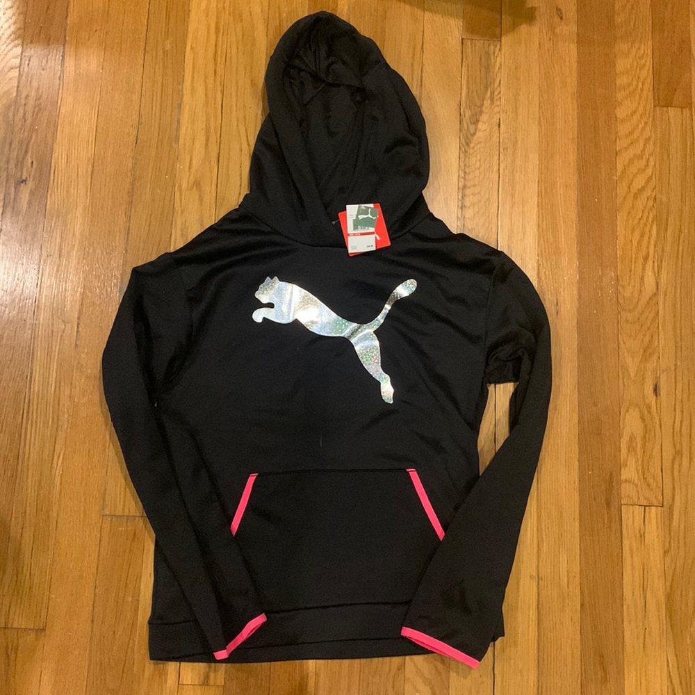 NWT Puma Girl's Pink/Black Shiny Logo Hoodie, Size 14/16